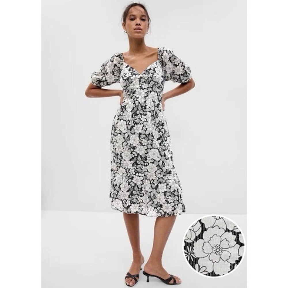 Gap Puff Sleeve Metallic Floral Midi Dress